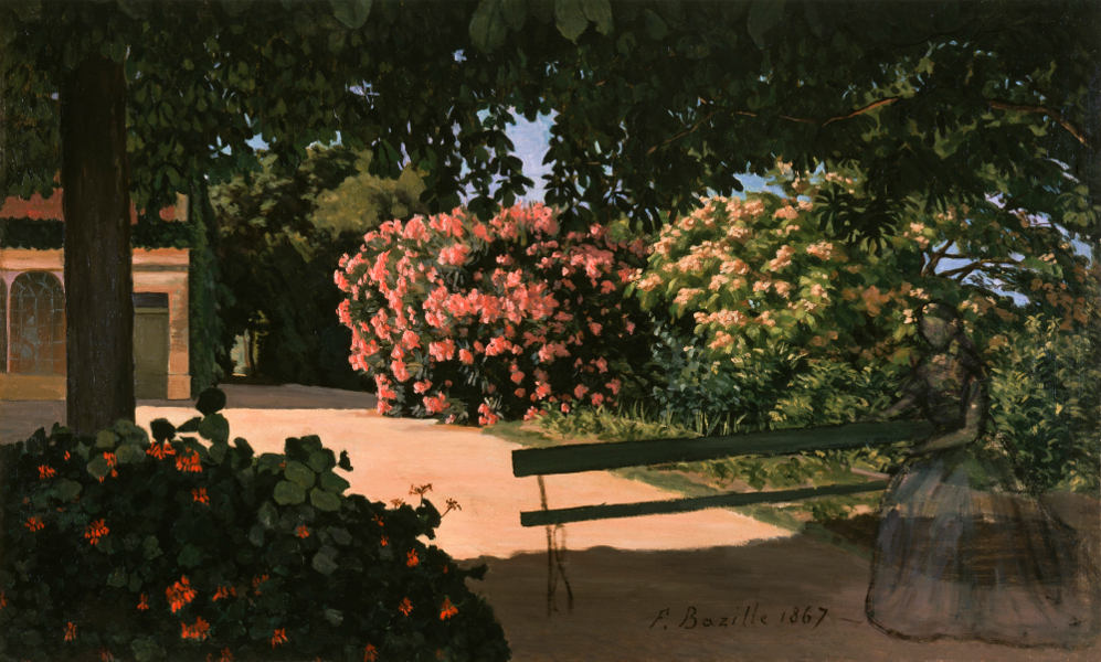 Frédéric Bazille. La jeunesse de l’impressionnisme :  Frédéric Bazille. Les Lauriers roses (La Terrace à Meric).1867, Huile sur toile, 56 x 98 cm. Cincinnati Art Museum 